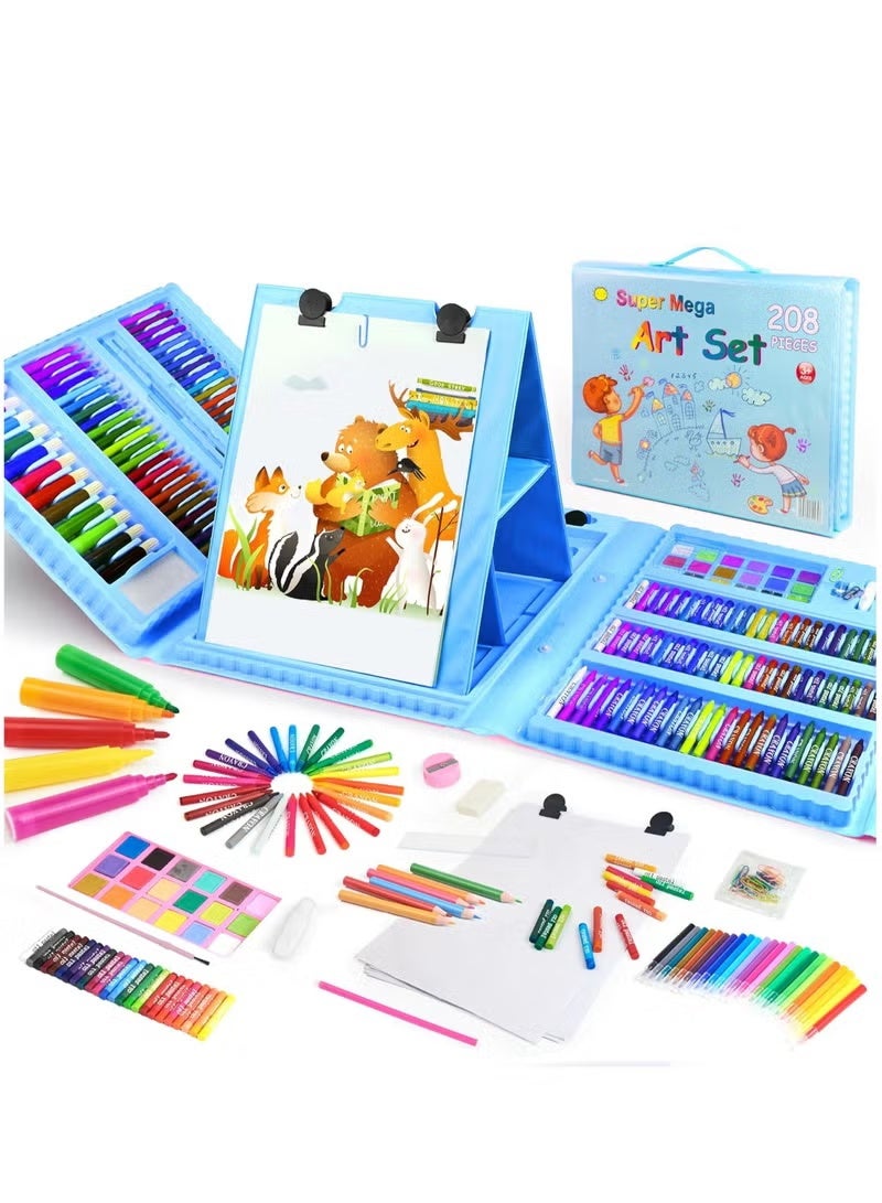 208-piece art set for children, art supplies, art drawing kits with oil pastels, colored pencils, crayons, paintbrushes, watercolor cakes, portable coloring set for children, creative gift box (blue) - Image 1